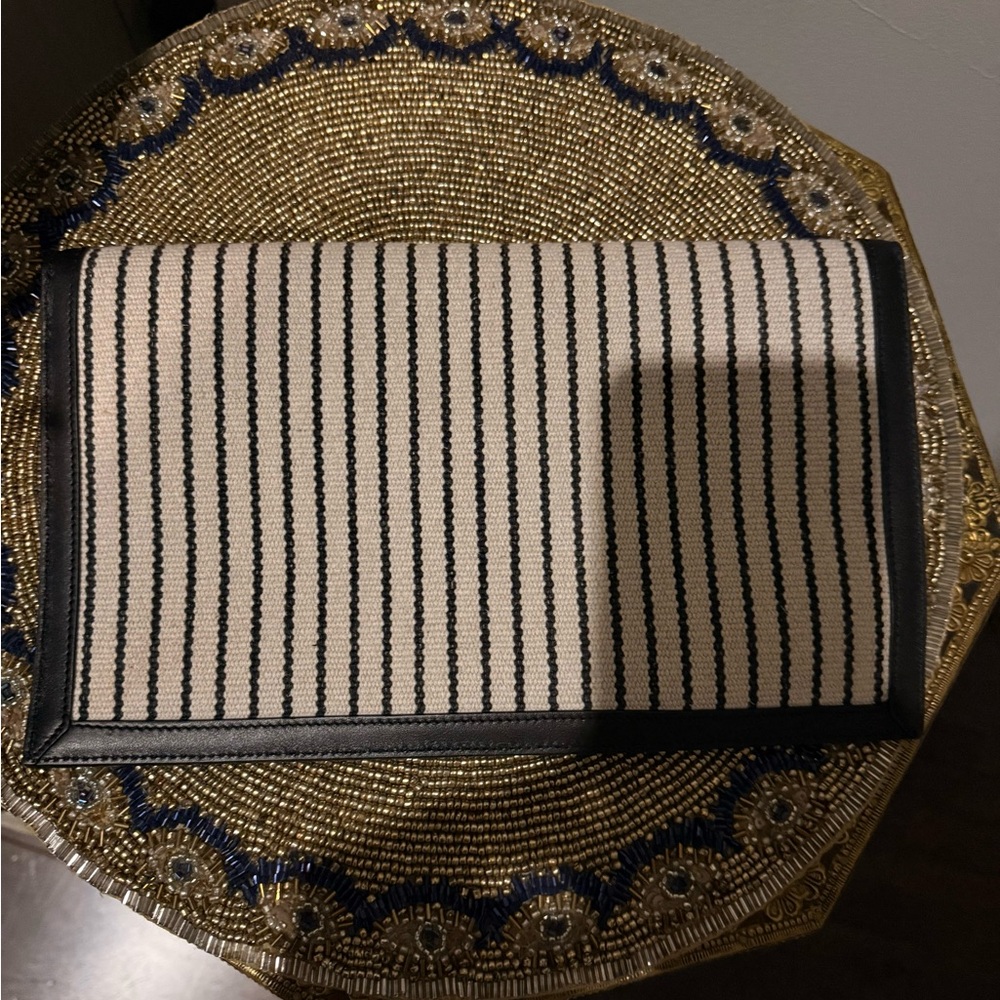 Yves Saint Laurent Uptown Canvas Striped Clutch Cream Black YSL Gold Hardware - Picture 12 of 14